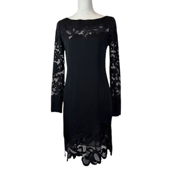 Diane Von Furstenberg Silk Ernestina Dress Black Shift -No Belt Lace Trim Size 4 - Picture 2 of 13